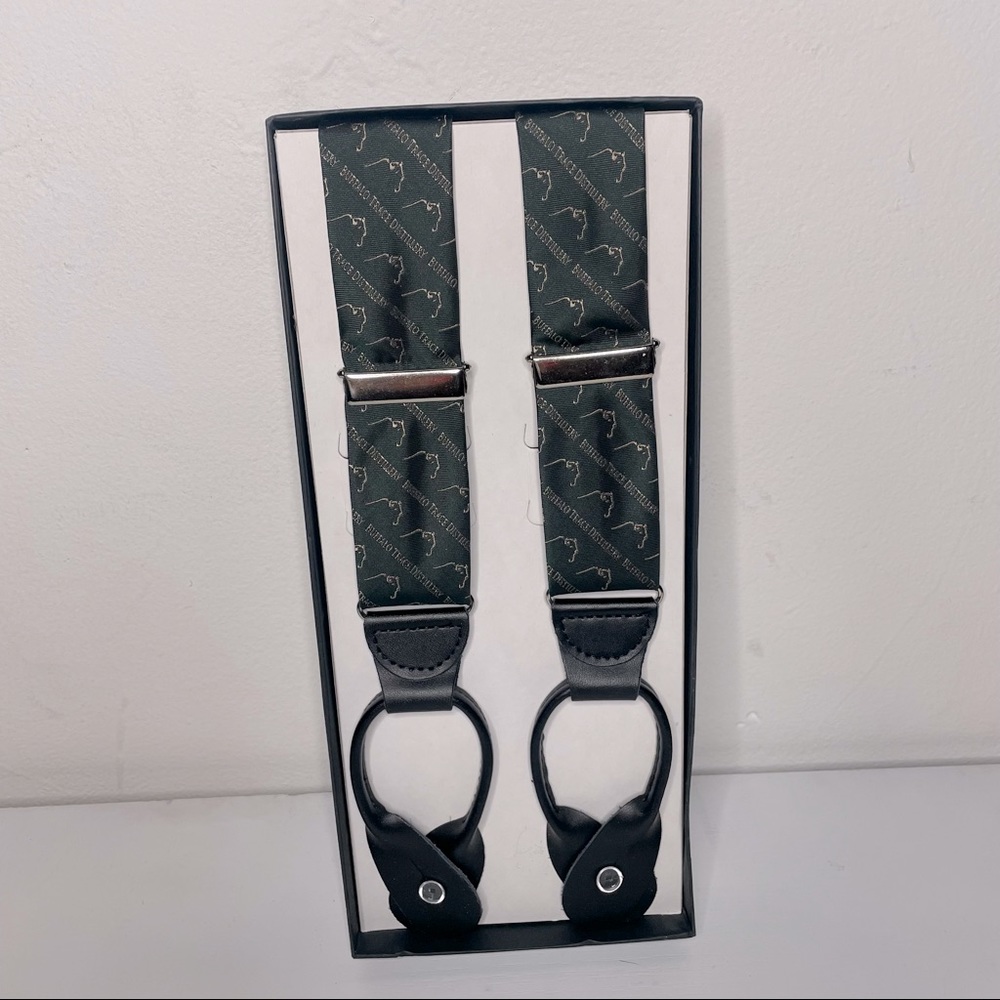 NWOT New in Box Buffalo Trace Suspenders Green and Gold with Black Leather